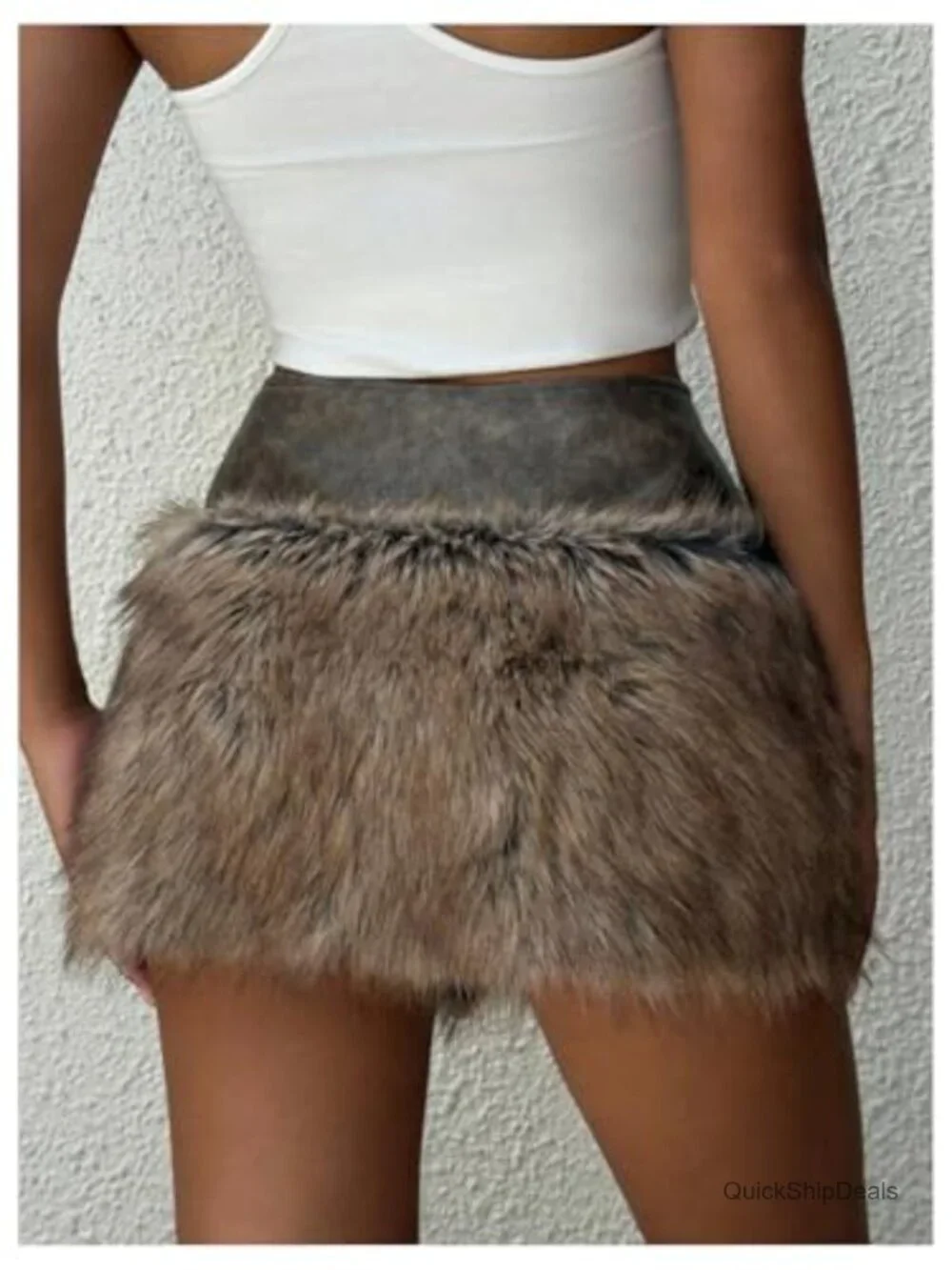 Women's Faux Fur PU Leather Micro Mini Skirt Y2k Bodycon Low Rise Rave Party